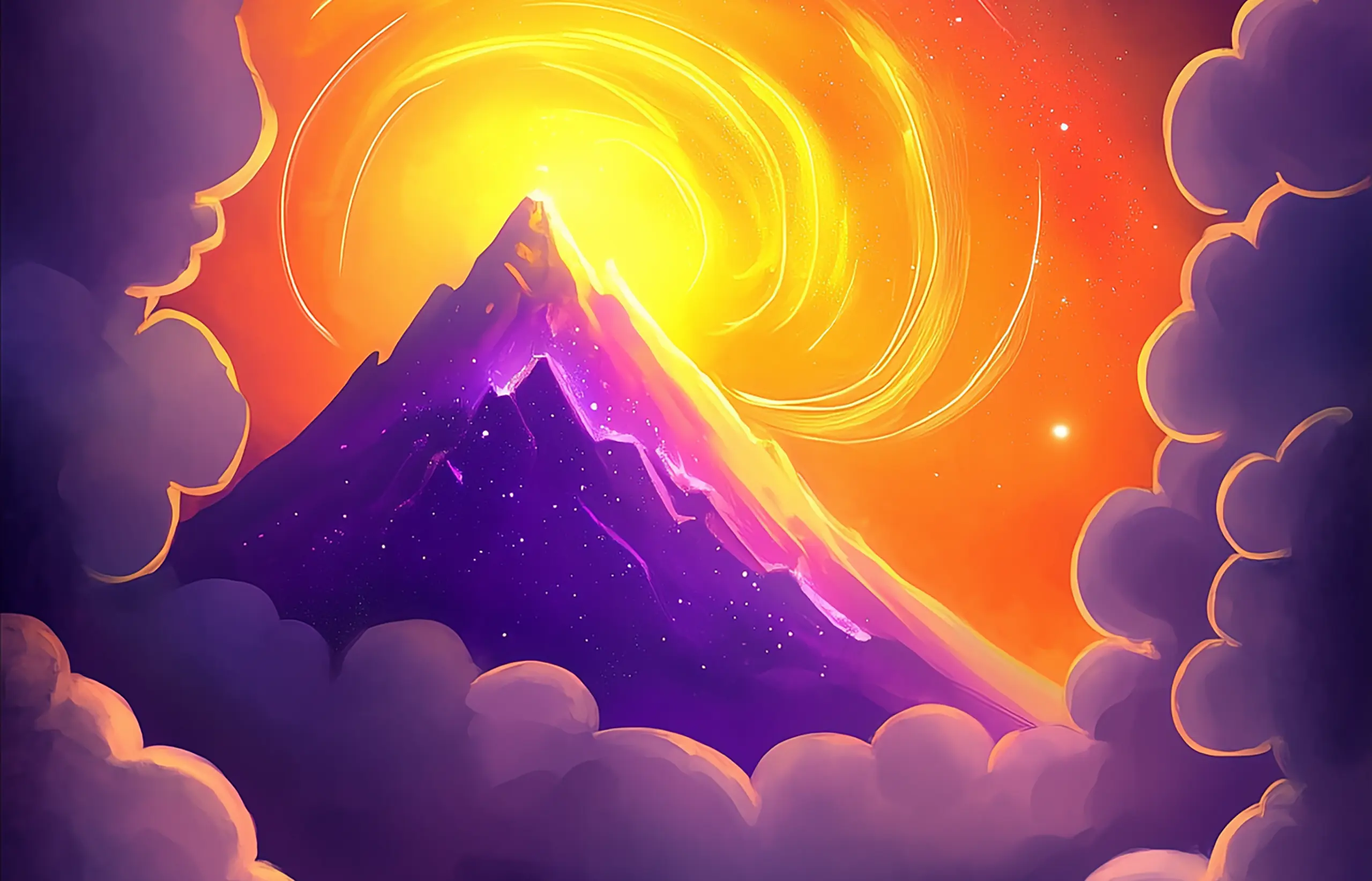A glowing mountain at dawn framed by violet clouds — your one goal, set as a 55-day quest.
